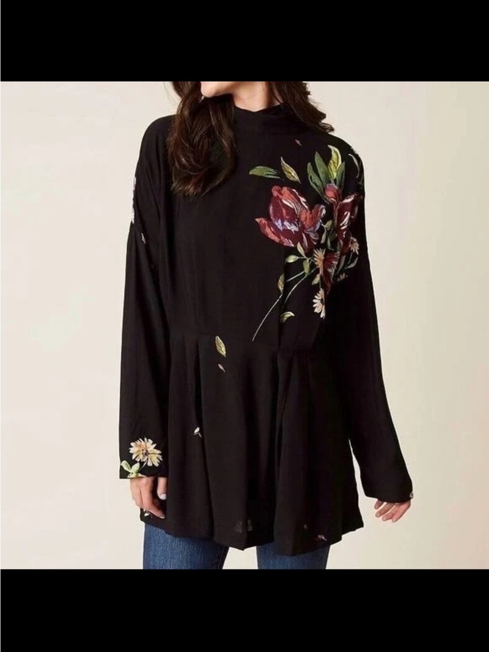 Free People Gemma Tunic Mini Dress Black Floral High Neck Open Back Tie Large - Picture 3 of 9